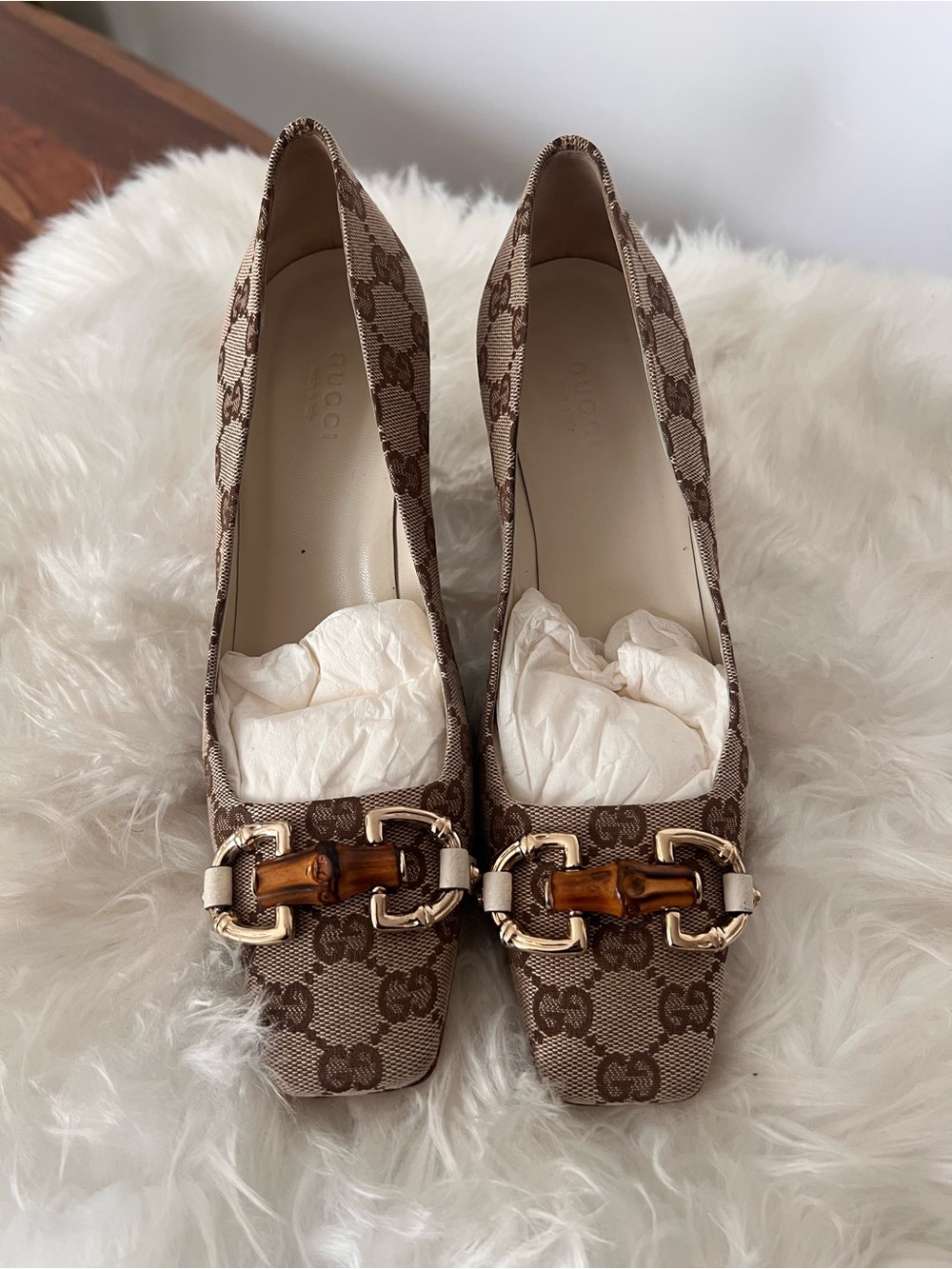 Gucci Beige Brown GG Canvas Bamboo Bit Pumps